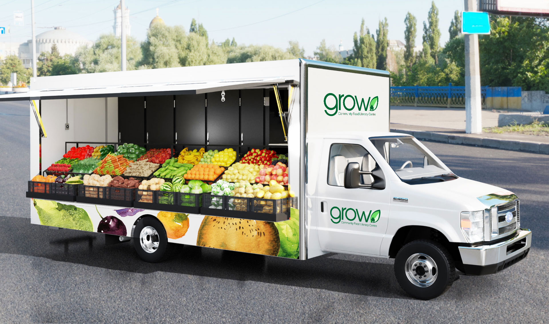 An artist mock-up of a refrigerated truck with the Grow logo on it, stocked with fresh vegetables
